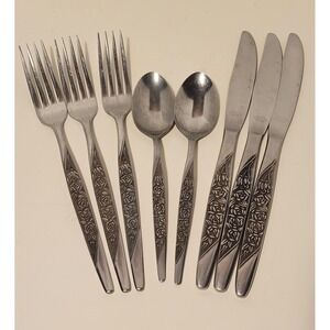 Vintage Lot Of 8 Nasco Caress Floral Pattern Stainless Japan Flatware Hosting